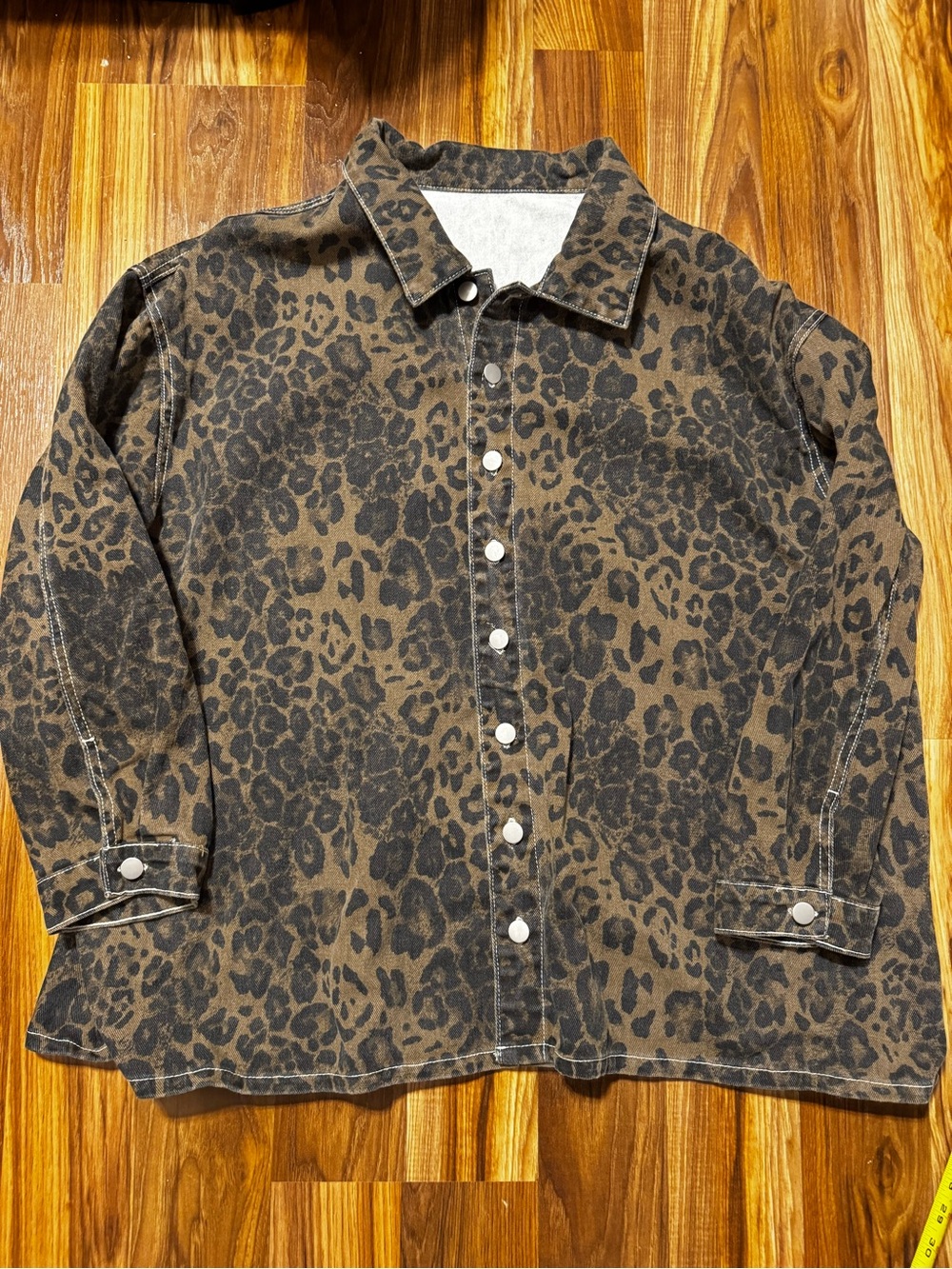 Women's Leopard Print Button-Up Jean Jacket - Brown/Black